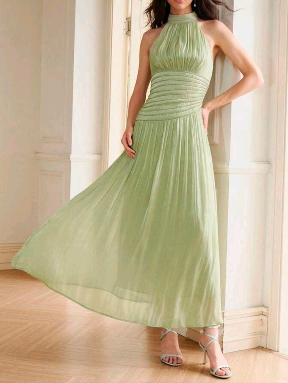 New Metallic Crinkled Halter Rhinestone Trim Maxi Dress Green - Picture 5 of 15